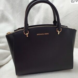 Michael Kors Black Leather Top-Handle Satchel with Gold Hardware